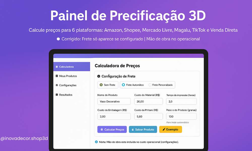 Interface do Painel de Precificação 3D - Sistema Completo